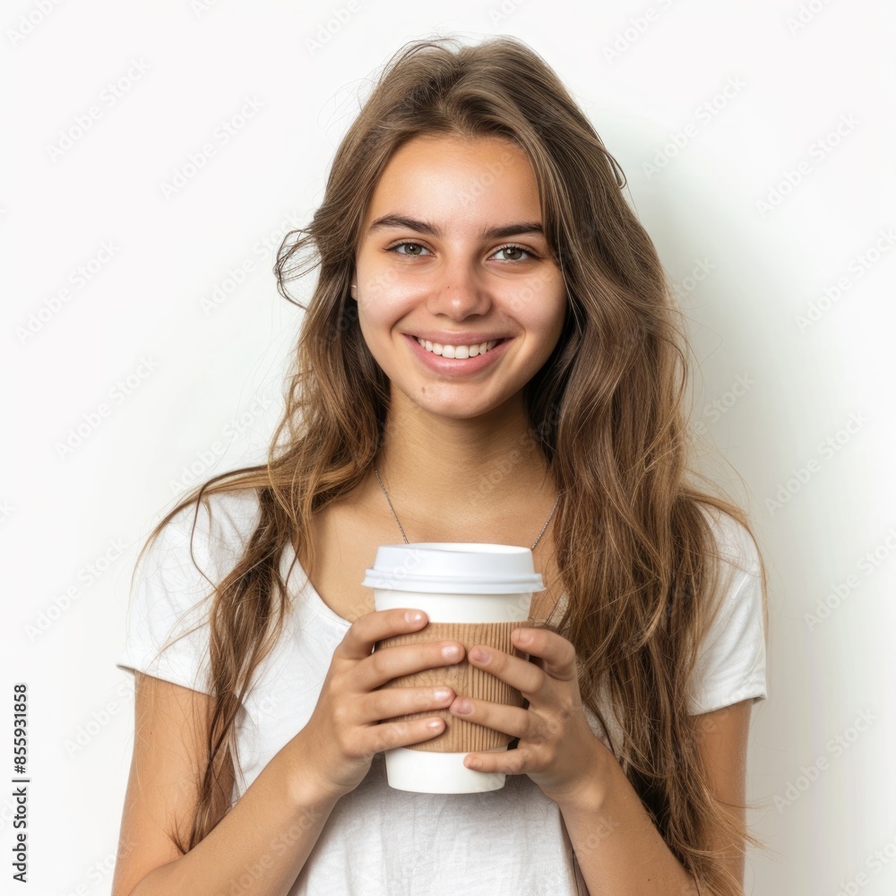 Joyful Woman Holding Takeaway Coffee Cup Isolated on White Background Joyful Woman Holding Takeaway Coffee Cup Isolated on White Background