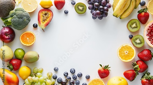 Variety of fresh fruits arranged on a white background photo