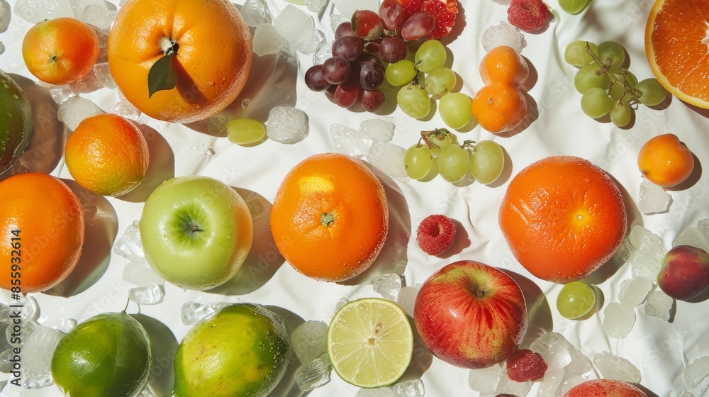 Variety of fresh fruits arranged on a white background Variety of fresh fruits arranged on a white background