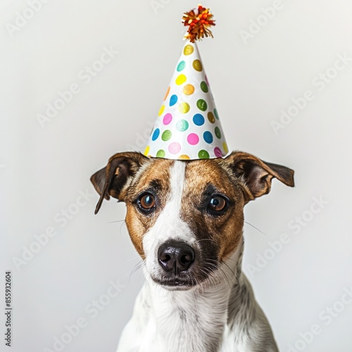 Happy Birthday Dog: Adorable Canine in Festive Hat Celebrating on White Background © thesweetsheep