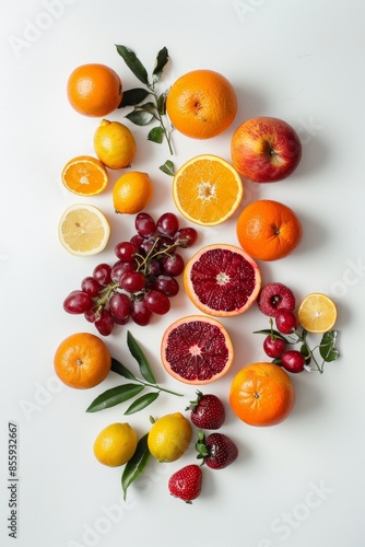 Variety of fresh fruits arranged on a white background photo