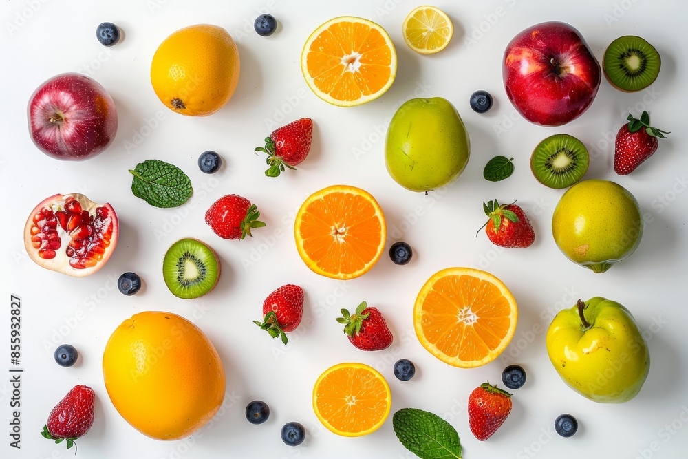 Variety of fresh fruits arranged on a white background Variety of fresh fruits arranged on a white background