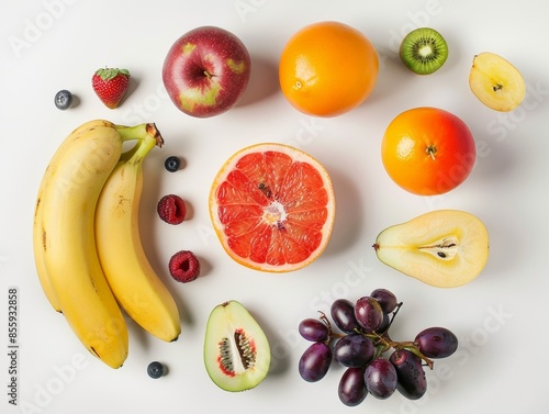 Variety of fresh fruits arranged on a white background photo