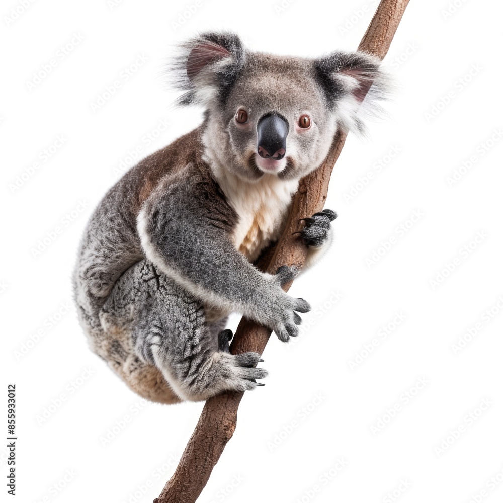 Adorable Koala Bear Hanging on Eucalyptus Branch - Isolated on White Background Adorable Koala Bear Hanging on Eucalyptus Branch - Isolated on White Background