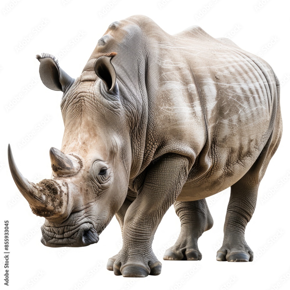 Majestic Rhinoceros with Prominent Horn Isolated on White Background Majestic Rhinoceros with Prominent Horn Isolated on White Background
