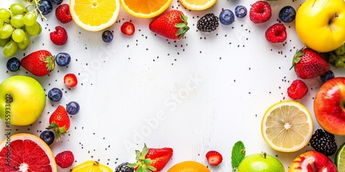 Variety of fresh fruits arranged on a white background photo