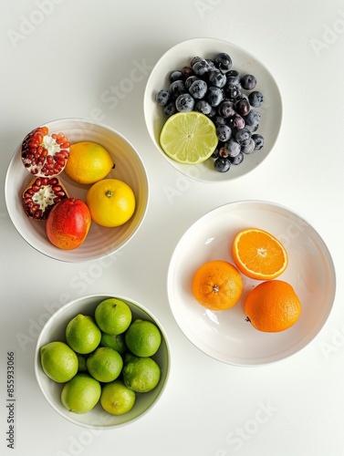 Variety of fresh fruits arranged on a white background photo