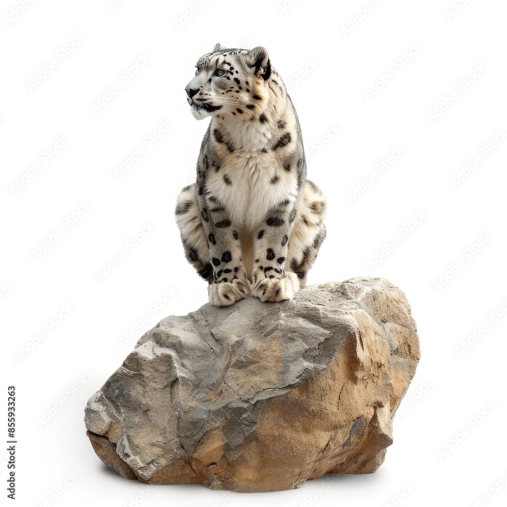 Majestic Snow Leopard on Rocky Perch - Isolated on White Background Majestic Snow Leopard on Rocky Perch - Isolated on White Background