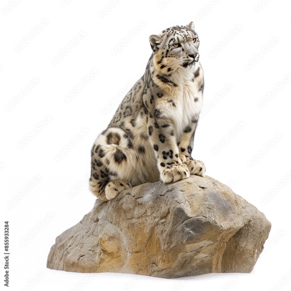 Majestic Snow Leopard Perched on Rock, Isolated on White Background Majestic Snow Leopard Perched on Rock, Isolated on White Background