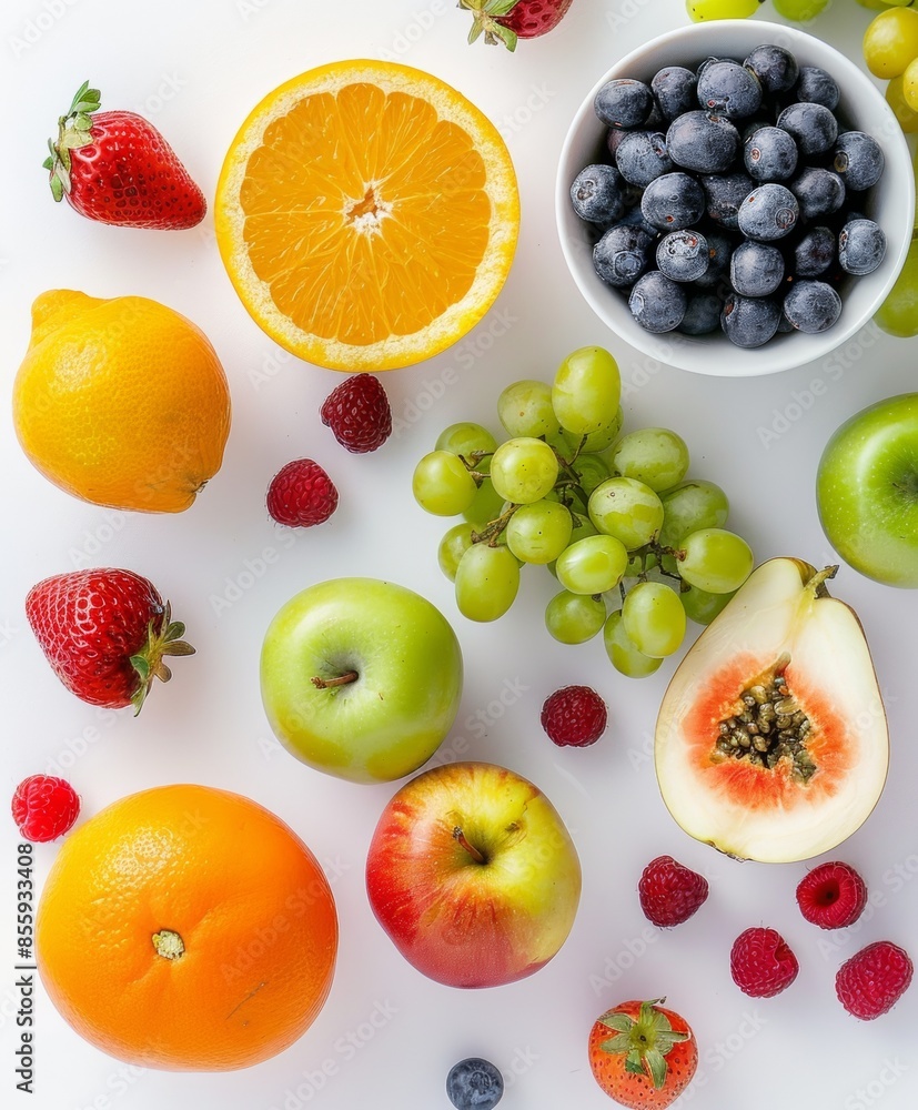 Variety of fresh fruits arranged on a white background Variety of fresh fruits arranged on a white background