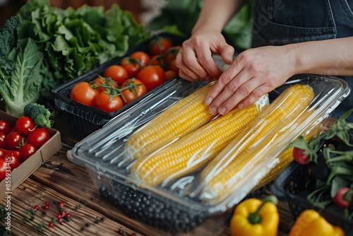 Corn being placed into container photo