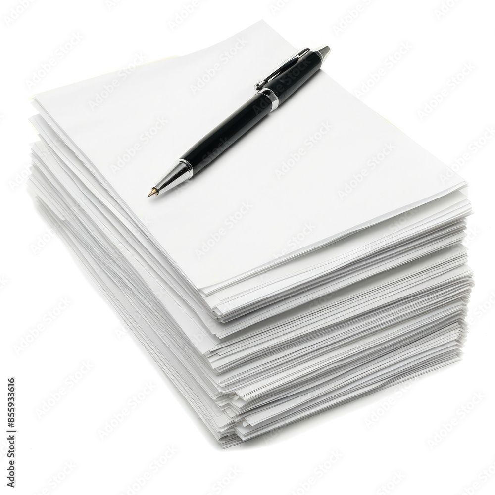 Naklejka premium Organized Stack of Office Papers with Pen on Top Isolated on White Background