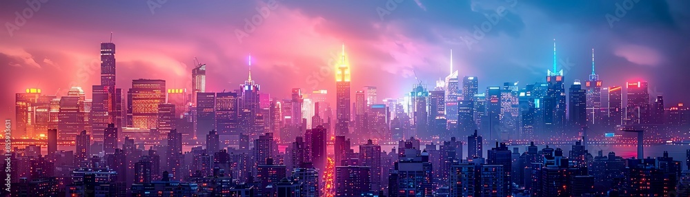 Obraz premium NeonRimmed Buildings Skyscrapers outlined with glowing neon lights