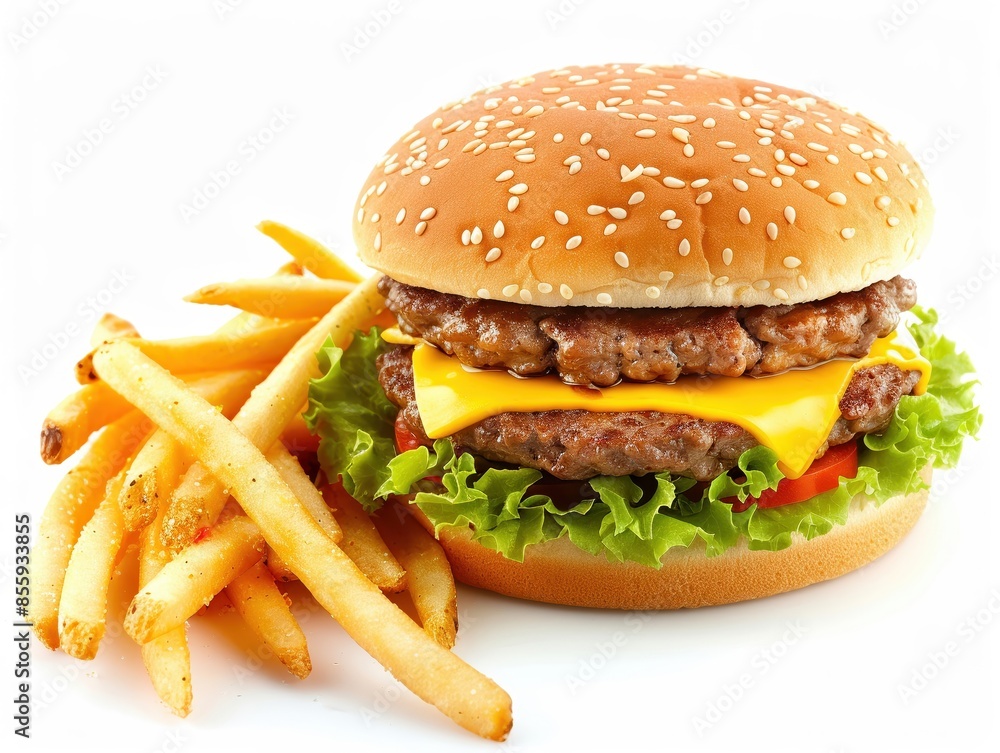 A classic cheeseburger with fries, isolated on a white background, studio lighting to capture the juicy patty and crisp fries, perfect for fast food ads A classic cheeseburger with fries, isolated on a white background, studio lighting to capture the juicy patty and crisp fries, perfect for fast food ads