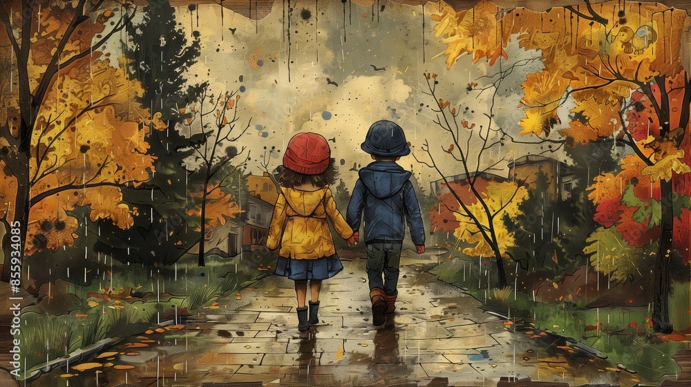 Two children walking side by side on a rainy path through a forest. The vibrant colors of the fall foliage contrast with the grey sky Two children walking side by side on a rainy path through a forest. The vibrant colors of the fall foliage contrast with the grey sky