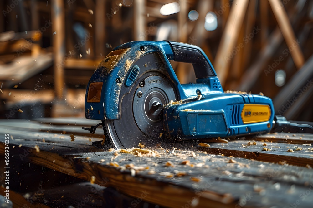 Circular saw on wooden table Circular saw on wooden table