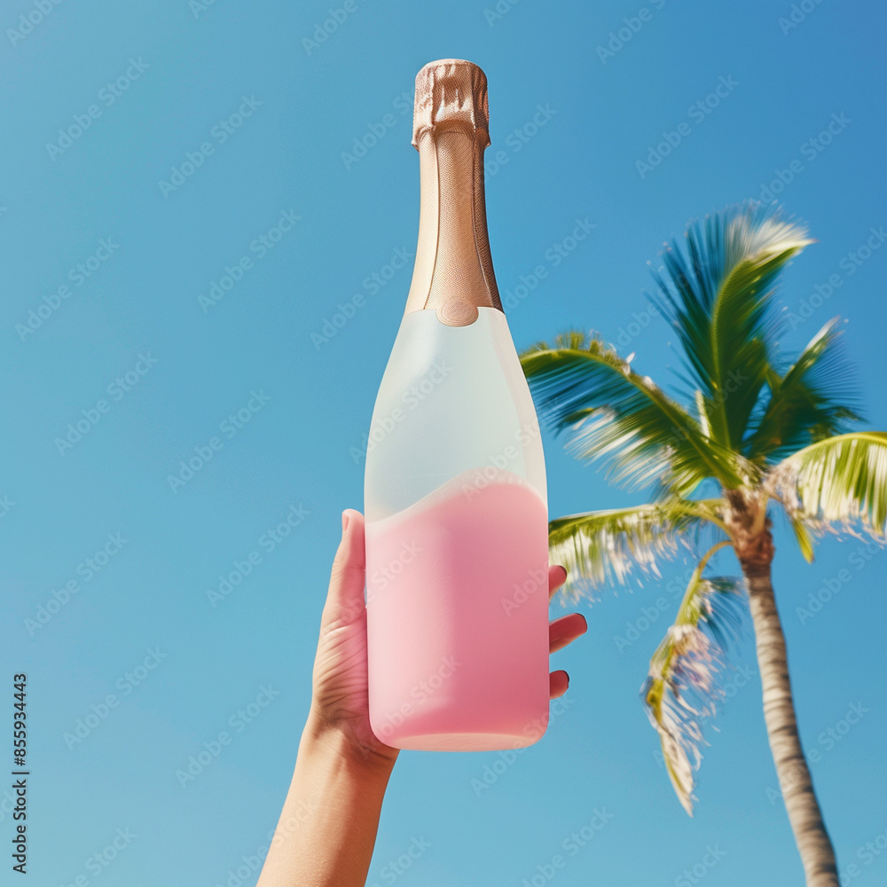 Hand holding a bottle of pink champagne against a clear blue sky. Celebratory summer vibes. Hand holding a bottle of pink champagne against a clear blue sky. Celebratory summer vibes.