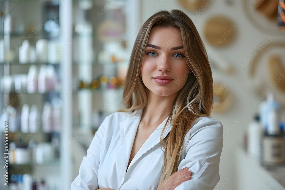 Fototapeta premium Straight-faced woman in white shirt arms crossed
