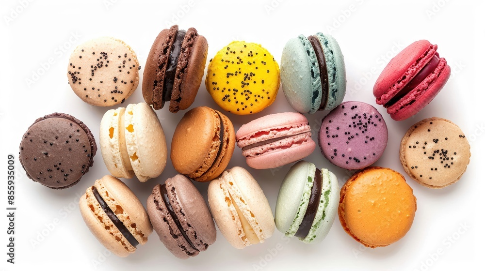 A selection of colorful macarons, isolated on a white background, studio lighting to capture their delicate texture and vibrant hues A selection of colorful macarons, isolated on a white background, studio lighting to capture their delicate texture and vibrant hues