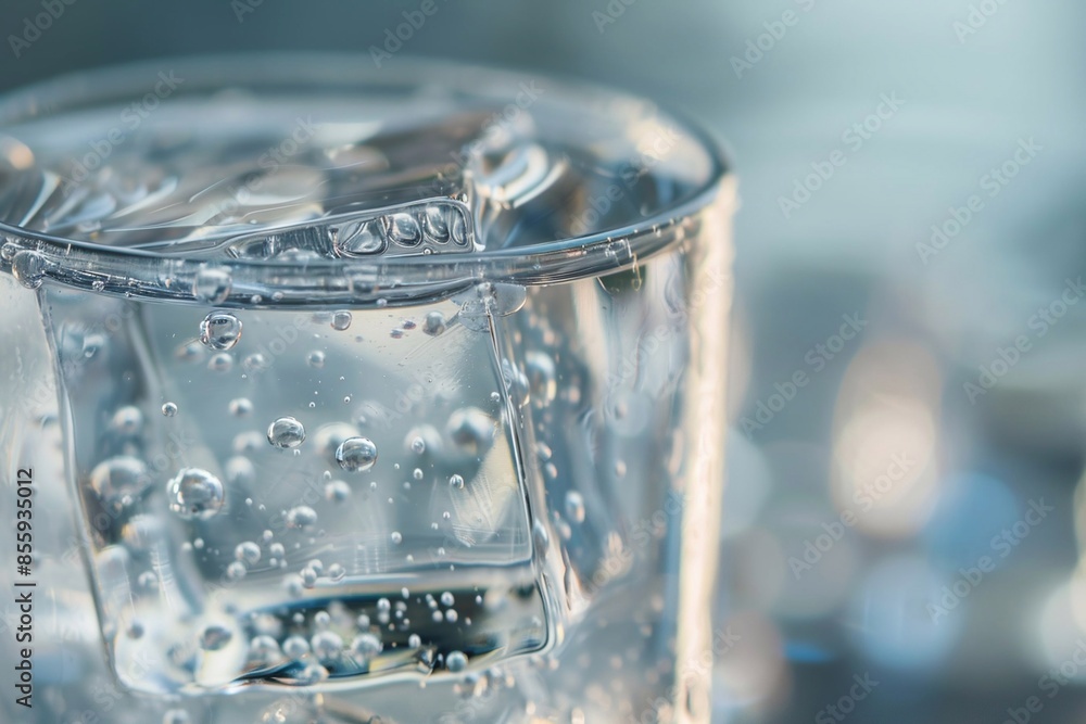 Macro shot of ice cube in glass with sparkling cold water.Macro.AI Generative. Macro shot of ice cube in glass with sparkling cold water.Macro.AI Generative.