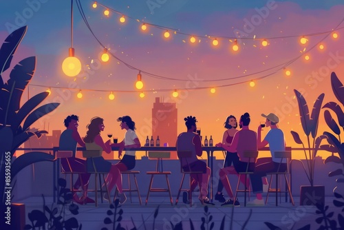 Illustration of a Group of Friends Sitting Around a Table, Enjoying Beers on a Summer Evening.