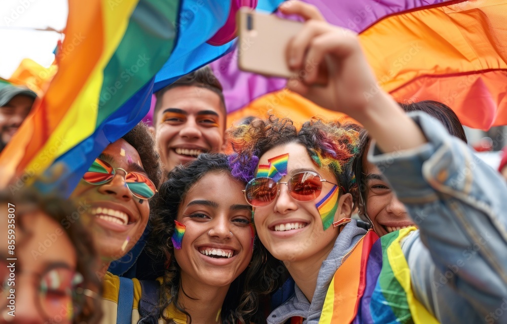 Joyful Faces at Pride: Young People Uniting Under Rainbow Flag - Generative ai Joyful Faces at Pride: Young People Uniting Under Rainbow Flag - Generative ai