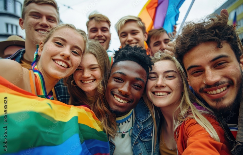Joyful Faces at Pride: Young People Uniting Under Rainbow Flag - Generative ai Joyful Faces at Pride: Young People Uniting Under Rainbow Flag - Generative ai