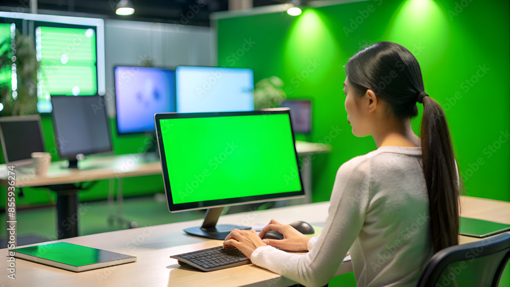 Close Up Of Back View Asian Woman Working With Tablet And Multiple Computer Monitor With Mock Up Green Screen In Green Screen Studio
Close Up Of Back View Asian Woman Working With Tablet And Multiple Computer Monitor With Mock Up Green Screen In Green Screen Studio