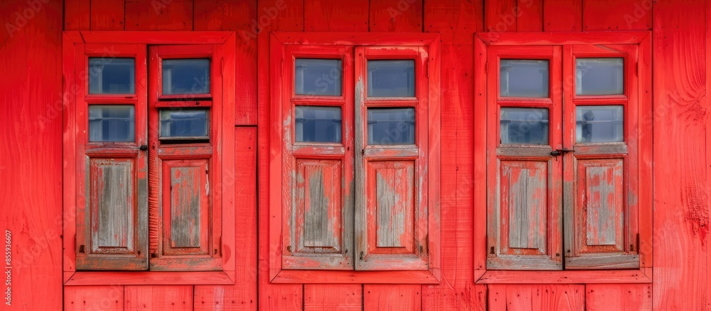 Obraz premium row of wood red window. Copy space image. Place for adding text and design
