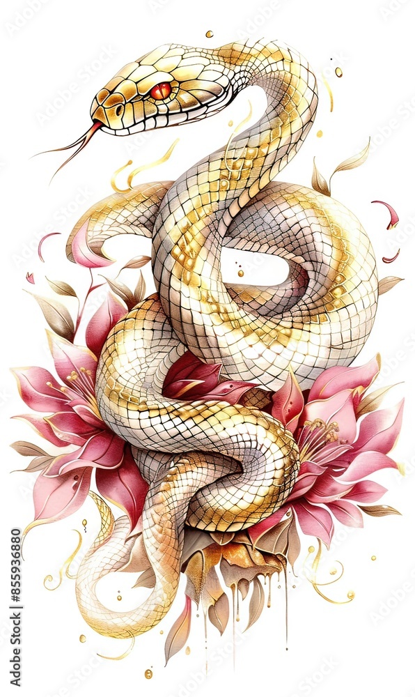 Obraz premium Ai serpente con fiori di loto, tatuaggio 04