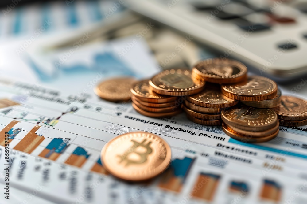 Calculator closeup, calculator, pile coins Calculator closeup, calculator, pile coins