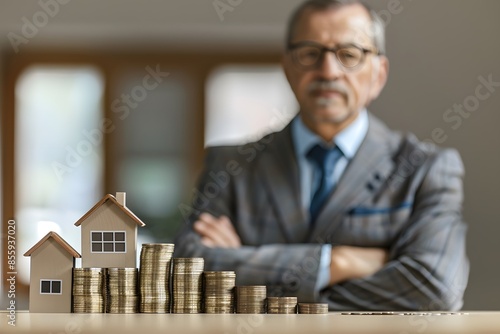 Businessman in suit by piles of coins