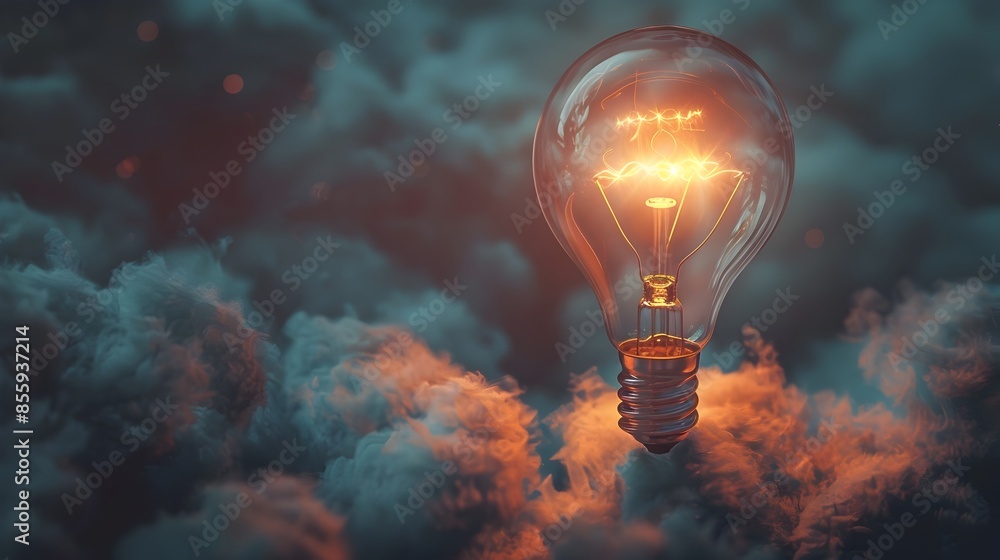Glowing Light Bulb in Thought Bubble Representing Moment of and Idea Concept Glowing Light Bulb in Thought Bubble Representing Moment of and Idea Concept