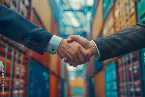 Two men handshake warehouse containers