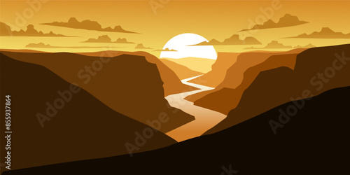 Minimalist mountain sunset scene illustration