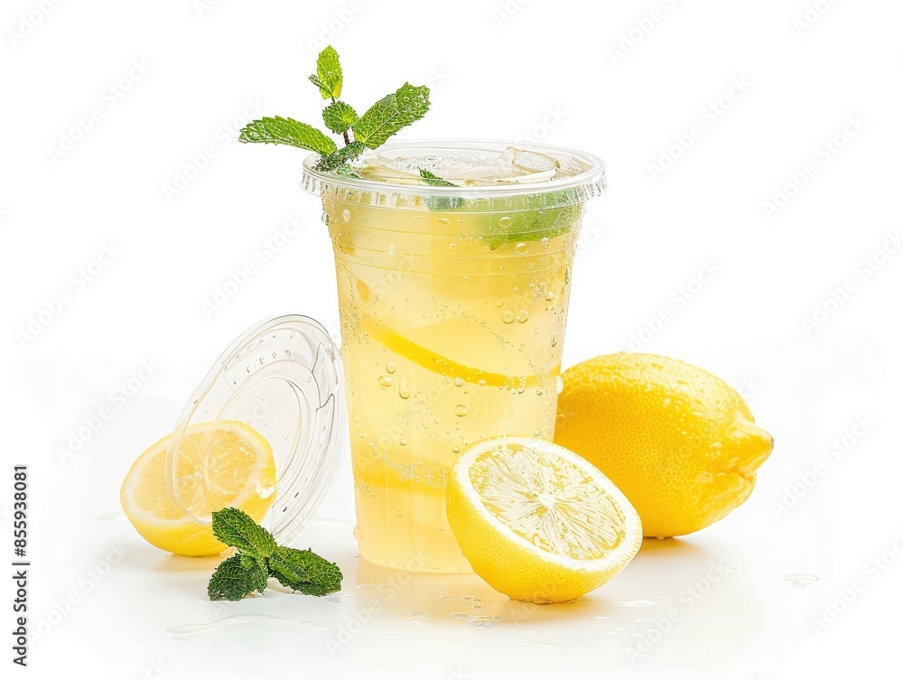 Clear plastic cup filled with sparkling lemonade with mint leaves and a lid, isolated on a white background, studio lighting for a fresh and zesty look Clear plastic cup filled with sparkling lemonade with mint leaves and a lid, isolated on a white background, studio lighting for a fresh and zesty look