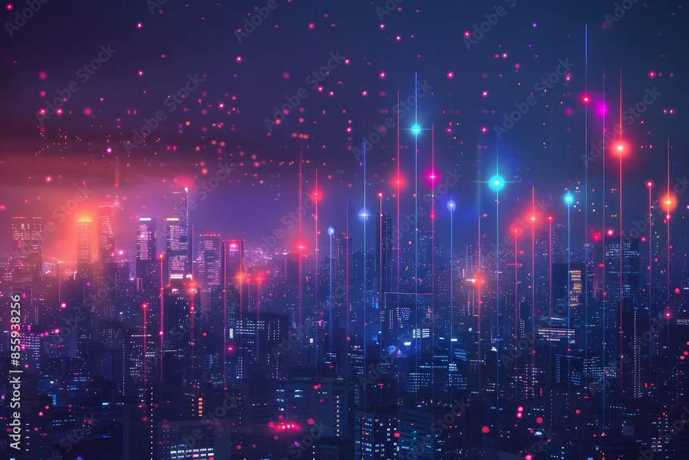 Urban skyline with numerous illuminated skyscrapers