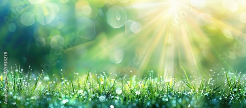 Fresh morning dew on a spring grass in early morning. Sunny day concept. Natural background. Copy space image. Place for adding text or design