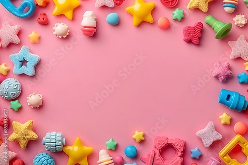Close-up of colorful toys on pink backdrop