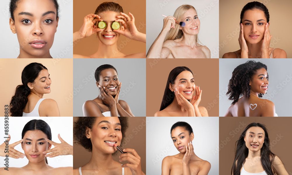 Multiethnic women of different ages showcase their beauty routines in a creatively arranged collage on a multicolored studio background. Multiethnic women of different ages showcase their beauty routines in a creatively arranged collage on a multicolored studio background.