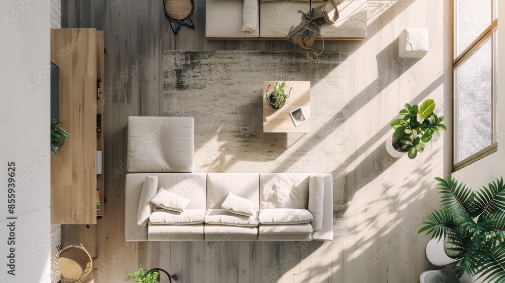 Minimalist furniture in a spacious Japanese home, clean and functional design, creating an airy and peaceful space, top view, contemporary minimalist interior, advanced tone, Vivid Minimalist furniture in a spacious Japanese home, clean and functional design, creating an airy and peaceful space, top view, contemporary minimalist interior, advanced tone, Vivid