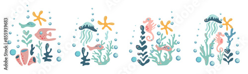 Undersea world. A set of Abstract drawings with underwater scenes of sea inhabitants and algae. Vector ornament with fish and jellyfish. For fabric, textiles, wallpaper, cards.