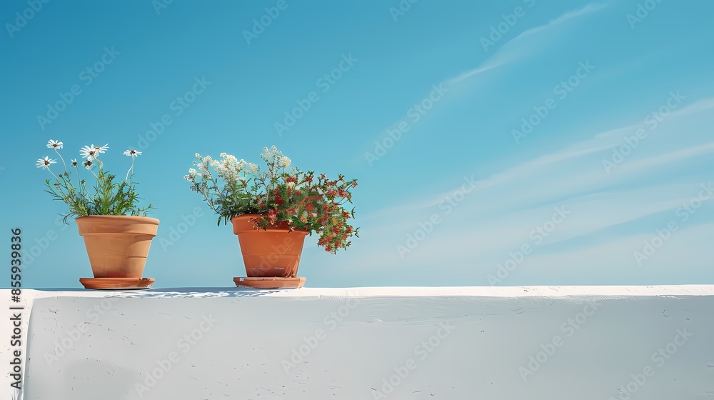 Blue sky white roof and flowerpot illustration poster background Blue sky white roof and flowerpot illustration poster background