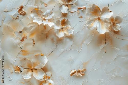 White cream gold flowers three-dimensional model stucco on the wall decorative plaster, generated ai © Виталий Арестов