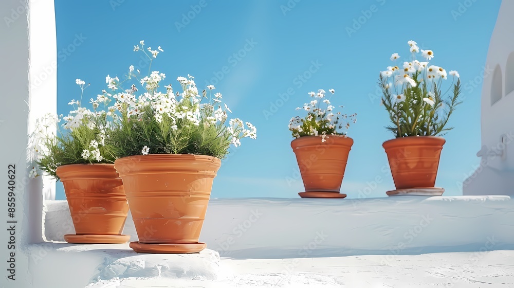 Blue sky white roof and flowerpot illustration poster background Blue sky white roof and flowerpot illustration poster background