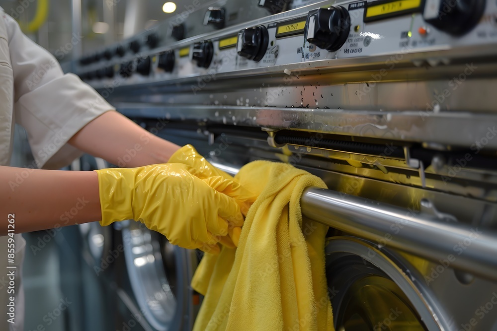 Person cleaning machine yellow gloves Person cleaning machine yellow gloves