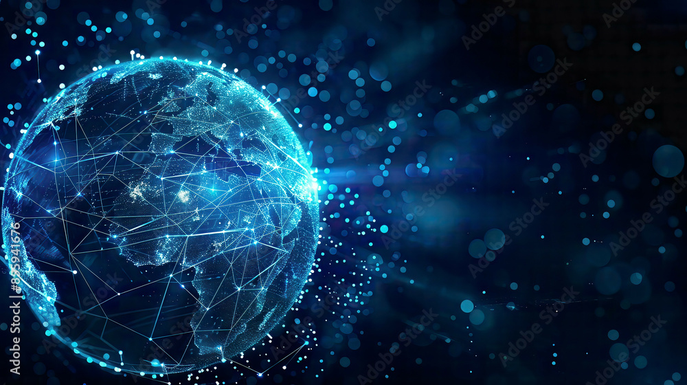 Blockchain technology futuristic HUD background with world globe and blockchain polygon peer to peer network. Global cryptocurrency fintech business banner concept. Blockchain technology futuristic HUD background with world globe and blockchain polygon peer to peer network. Global cryptocurrency fintech business banner concept.