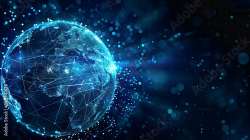 Wallpaper Mural Blockchain technology futuristic HUD background with world globe and blockchain polygon peer to peer network. Global cryptocurrency fintech business banner concept.  Torontodigital.ca