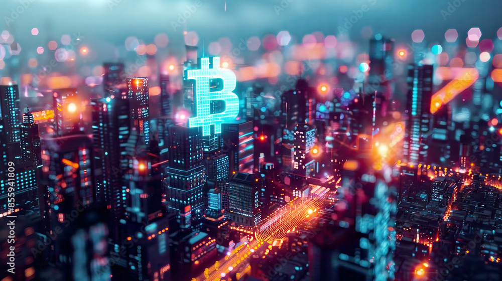 Obraz premium Blockchain technology in a neon-lit cityscape cyberpunk style 