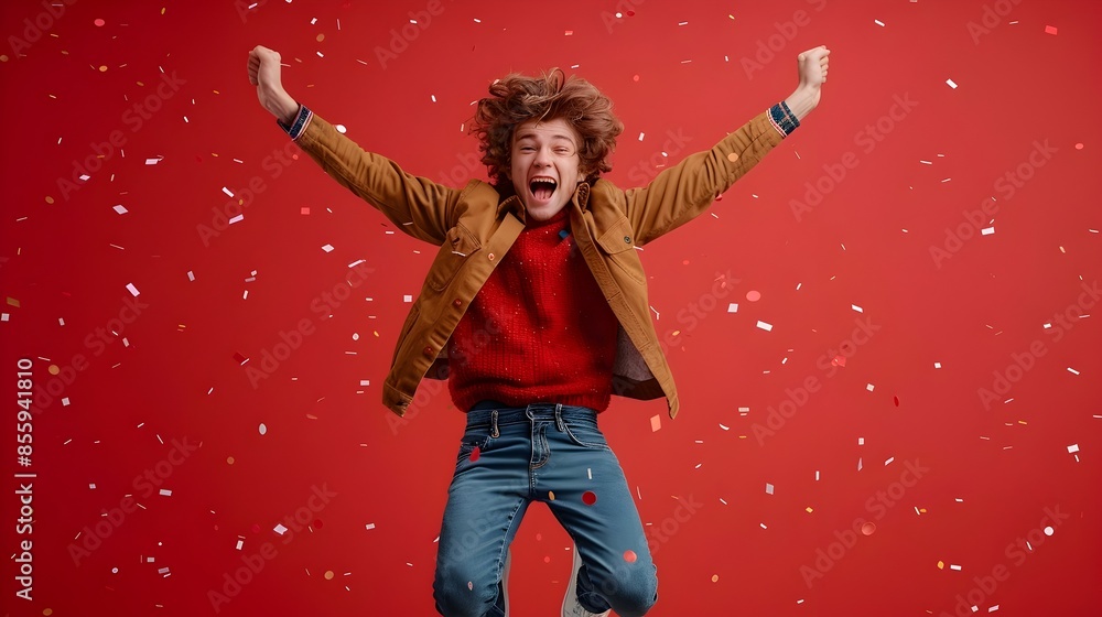 Excited Teenage Boy Jumping with Joy and Enthusiasm in Studio Setting Excited Teenage Boy Jumping with Joy and Enthusiasm in Studio Setting